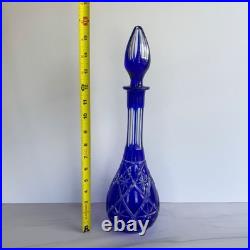 Vintage Cobalt Blue Cut to Clear Crystal Decanter Large Bohemian Czech Glass
