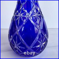 Vintage Cobalt Blue Cut to Clear Crystal Decanter Large Bohemian Czech Glass