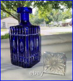 Vintage Cobalt Blue Cut to Clear Glass Decanter with Stopper