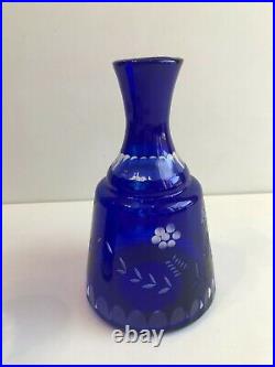 Vintage Cobalt Blue Cut to Clear Tumble Up Bedside Decanter Jug, 7 3/4 Tall