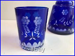 Vintage Cobalt Blue Cut to Clear Tumble Up Bedside Decanter Jug, 7 3/4 Tall