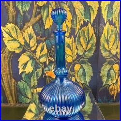Vintage Cobalt Blue Empoli Glass Genie Bottle Decanter with Stopper Mid Century