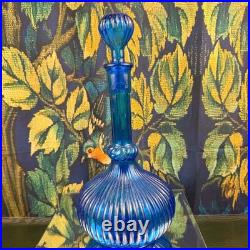 Vintage Cobalt Blue Empoli Glass Genie Bottle Decanter with Stopper Mid Century