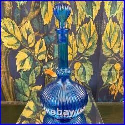 Vintage Cobalt Blue Empoli Glass Genie Bottle Decanter with Stopper Mid Century
