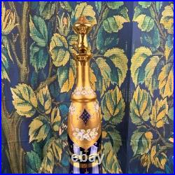 Vintage Cobalt Blue Glass Decanter 24K Gold Hand Painted Floral Murano Style 15