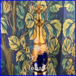 Vintage Cobalt Blue Glass Decanter 24K Gold Hand Painted Floral Murano Style 15