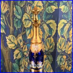 Vintage Cobalt Blue Glass Decanter 24K Gold Hand Painted Floral Murano Style 15