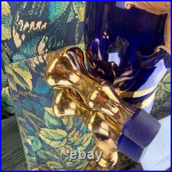 Vintage Cobalt Blue Glass Decanter 24K Gold Hand Painted Floral Murano Style 15