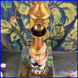 Vintage Cobalt Blue Glass Decanter 24K Gold Hand Painted Floral Murano Style 15