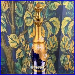 Vintage Cobalt Blue Glass Decanter 24K Gold Hand Painted Floral Murano Style 15