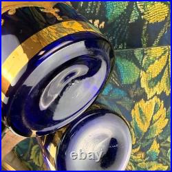 Vintage Cobalt Blue Glass Decanter 24K Gold Hand Painted Floral Murano Style 15