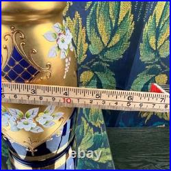 Vintage Cobalt Blue Glass Decanter 24K Gold Hand Painted Floral Murano Style 15