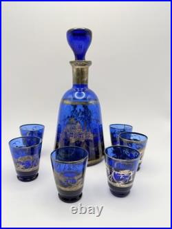 Vintage Cobalt Blue Glass Decanter Set Silvered Venetian Scene 7-Piece