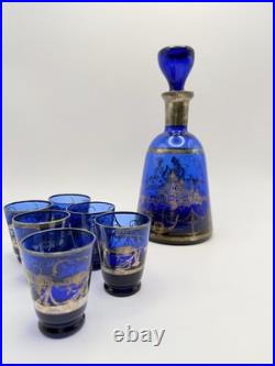 Vintage Cobalt Blue Glass Decanter Set Silvered Venetian Scene 7-Piece