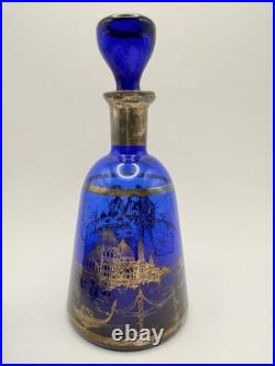 Vintage Cobalt Blue Glass Decanter Set Silvered Venetian Scene 7-Piece
