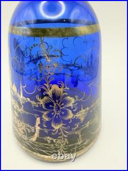 Vintage Cobalt Blue Glass Decanter Set Silvered Venetian Scene 7-Piece