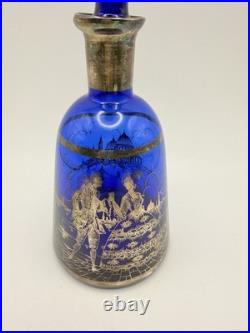 Vintage Cobalt Blue Glass Decanter Set Silvered Venetian Scene 7-Piece
