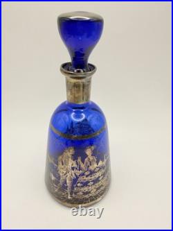 Vintage Cobalt Blue Glass Decanter Set Silvered Venetian Scene 7-Piece