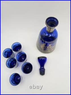 Vintage Cobalt Blue Glass Decanter Set Silvered Venetian Scene 7-Piece