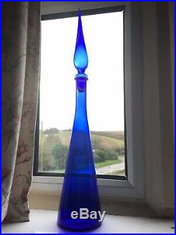 Vintage Cobalt Blue Glass Genie Bottle 1960s Italian Empoli Blue Mcm Decanter