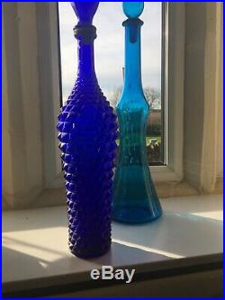 Vintage Cobalt Blue Glass Genie Bottle Italian Empoli 57cmi Diamond Cut Decanter