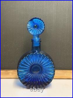 Vintage Cobalt Blue Glass Starburst Italian Empoli Decanter WithStarburst Stopper
