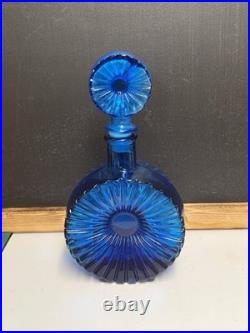 Vintage Cobalt Blue Glass Starburst Italian Empoli Decanter WithStarburst Stopper