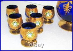 Vintage Cobalt Blue Gold Handpainted Decanter Set Bohemian Czech Venetian Glass