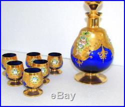Vintage Cobalt Blue Gold Handpainted Decanter Set Bohemian Czech Venetian Glass