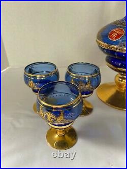 Vintage Cobalt Blue Italian Ardalt Glass Wine Decanter Set with6 Glasses