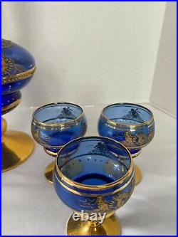 Vintage Cobalt Blue Italian Ardalt Glass Wine Decanter Set with6 Glasses