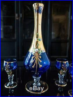 Vintage Cobalt Blue and Gold Murano Crystal Decanter With 5 Glasses 24 KT