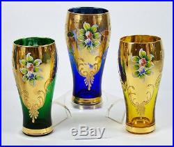 Vintage Cocktail Shaker Decanter 6 Glasses Bohemian Czech Glass Enameled Flowers