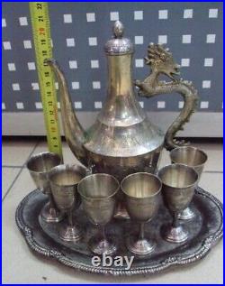 Vintage Cognac Set China Decanter Silver Plated Dragon Handle Glasses Tray 20th