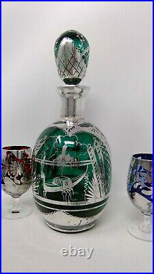 Vintage Colored Glass Decanter with 6 Colored Cordials with Silver Overlay