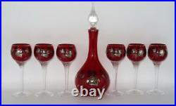 Vintage Continental Silver Overlay Ruby Red Decanter & 6 Matching Glasses