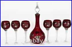 Vintage Continental Silver Overlay Ruby Red Decanter & 6 Matching Glasses