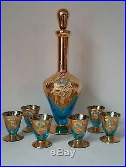Vintage Cordial Set Decanter Glasses Blue Gold Hand Painted Enameled Floral