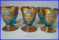 Vintage Cordial Set Decanter Glasses Blue Gold Hand Painted Enameled Floral