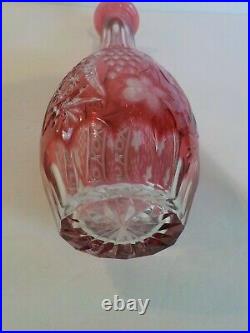 Vintage Cranberry Cased Cut-to-Clear Cut Glass 12.25 Decanter, Grape Design