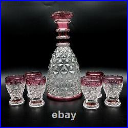 Vintage Cranberry Clear Glass Diamond Design Decanter Set