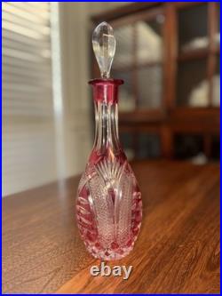 Vintage Cranberry Crystal Cut Glass Decanter Bottle With Topper