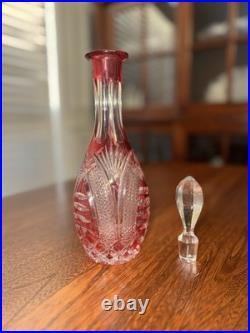 Vintage Cranberry Crystal Cut Glass Decanter Bottle With Topper