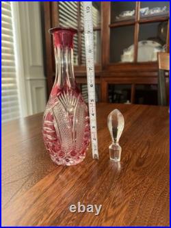 Vintage Cranberry Crystal Cut Glass Decanter Bottle With Topper