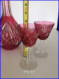 Vintage Cranberry Cut Glass Crystal Decanter With Goblets