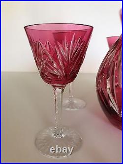 Vintage Cranberry Cut Glass Crystal Decanter With Goblets