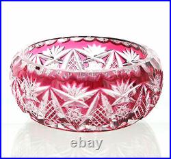 Vintage Cranberry Cut Glass Crystal Fan Diamond Star Pattern Bowl with