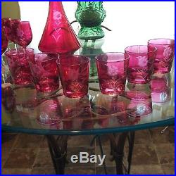 Vintage Cranberry Etched Glass 13 Piece Decanter set