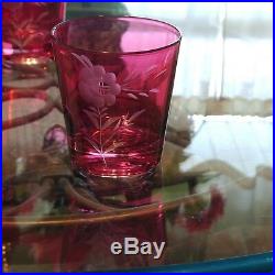 Vintage Cranberry Etched Glass 13 Piece Decanter set