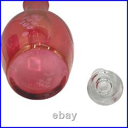 Vintage Cranberry Glass Decanter Set 4 Wine Glasses Stopper Bohemian Etched 11